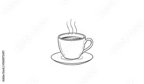 Steaming cup of coffee on saucer line art illustration