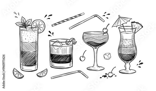 Hand-drawn cocktail glasses collection with straws, lemons, and cherries