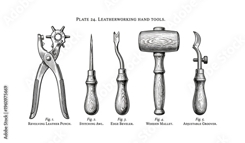 Vintage leatherworking tools illustration featuring punch, awl, beveler, mallet, groover