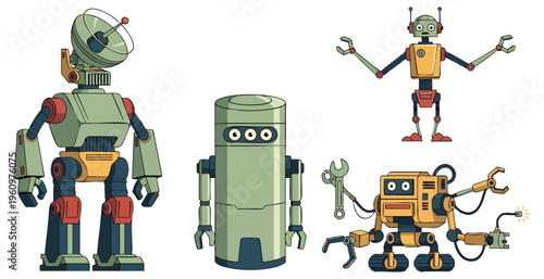 Collection of Four Retro Style Robots and Mechanical Android Designs