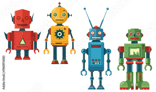Set of Four Colorful Vintage Style Retro Robot Characters for Design