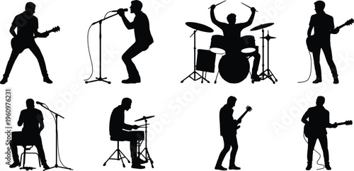 Musician silhouettes, band performance poses, guitar drum singing, flat vector illustration