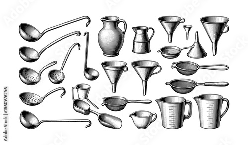 Vintage kitchen utensils collection with ladles, pitchers, strainers, and funnels