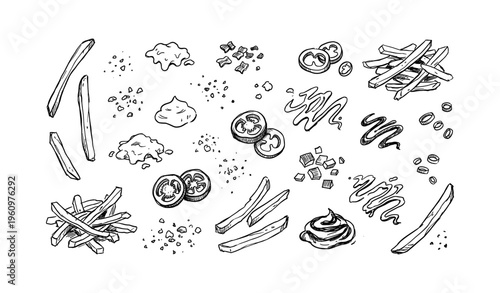 Hand-drawn french fries and condiments illustration with tomato and sauce elements