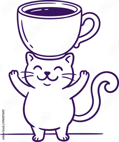 Cozy cafe scene with coffee tea cups and cat illustration