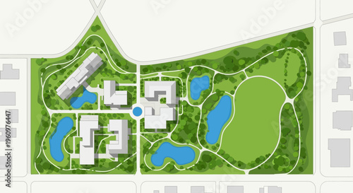 Architectural Site Plan Top View of Sustainable Urban Residential Development with Ponds, Walking Paths, and Extensive Green Landscaping