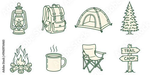 Camping and Christmas Hand Drawn Icons Vector Set