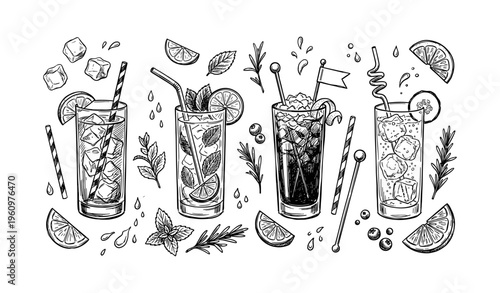 Illustration of four refreshing cocktails with ice and citrus slices