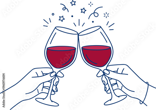 Two elegant crystal glasses filled with red merlot wine and sparkling champagne stand isolated on a white background for a celebratory dinner drink at a restaurant bar