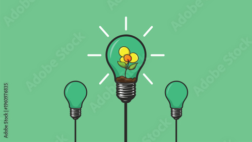 The lamp with a flower image inside symbolizes eco-friendly lighting with a green background, perfect for environmental education materials, sustainability concepts, or eco-friendly design projects.
