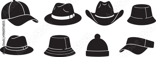 Collection of Eight Black Silhouette of Various Hats on White Background caps headwear
