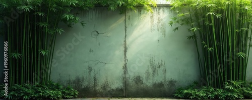 Rich green bamboo stalks grow tall against weathered concrete wall. Sunlight filters through dense leaves, creating serene, natural backdrop. Vibrant foliage adds refreshing, botanical touch to space.