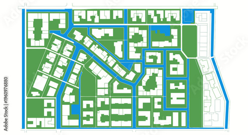 Top view of a modern urban master plan with residential buildings, green parks, and water canals. Professional architectural site plan illustration for real estate development.
