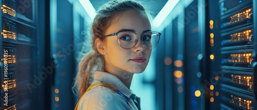A young professional wearing glasses looks over her shoulder with a curious expression, against a backdrop of server racks with flashing lights, providing the main setting  
