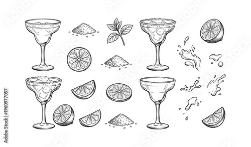 Hand-drawn margarita elements with glasses, lime, salt, mint, splash