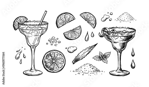 Hand-drawn margarita glasses with lime, salt, and mint: classic cocktail elements sketch