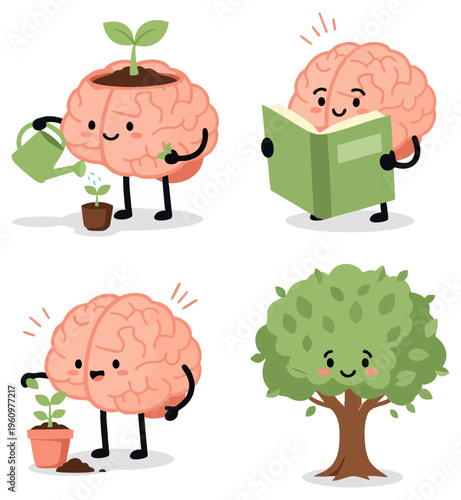 Cartoon Human Brain Reading Book and Gardening for Personal Growth