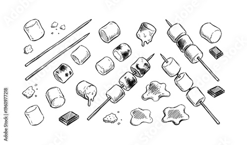 Ink sketch of marshmallows and chocolate with skewers