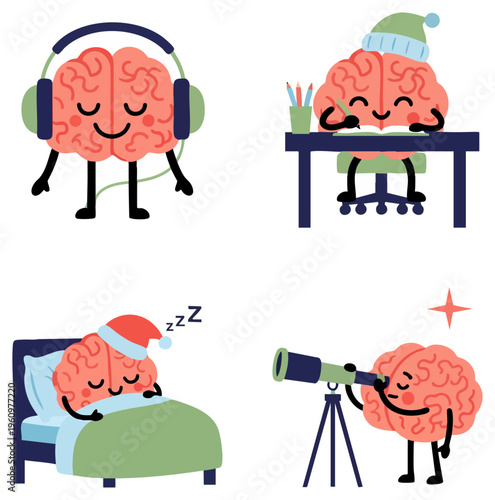 Cute Human Brain Character Set Engaged in Different Mental Activities