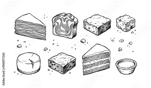 Hand-drawn variety of cakes and pastries on white background