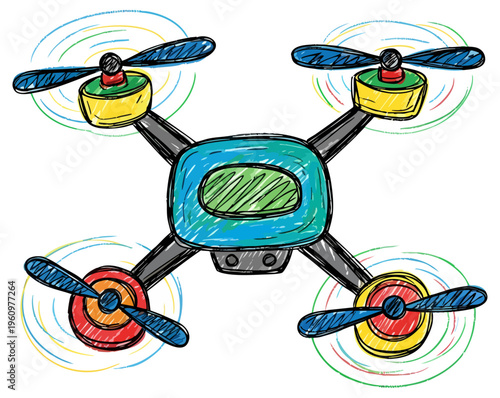Colorful Hand Drawn Sketch of a Flying Quadcopter Drone Vector
