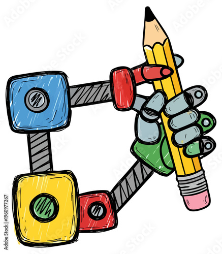 Colorful Robot Hand Holding Pencil Drawing Illustration Vector