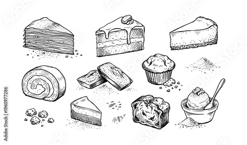 Hand-drawn desserts illustration with cakes, muffin, and ice cream variety