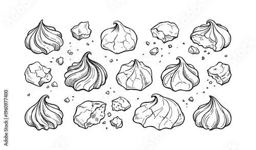 Hand-drawn meringue and cookie crumbs on white background