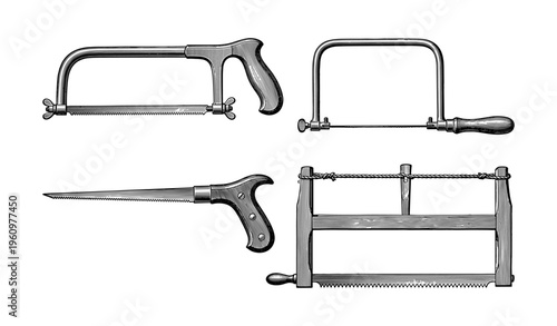Vintage hand tools collection: hacksaw, bow saw, frame saw, coping saw