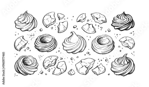 Hand-drawn cookie and meringue seamless pattern with crumbs