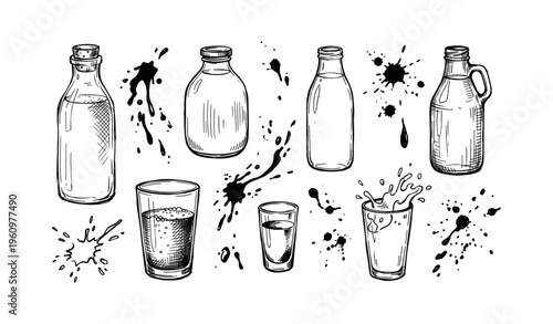 Hand-drawn glass and bottle illustrations with ink splashes