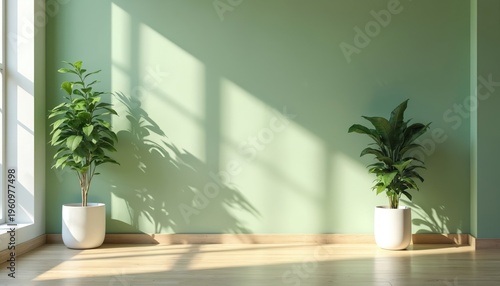 Minimalist room interior with two green potted plants. Sunlight casts shadows on sage green wall. Clean space with wood floor. Peaceful home corner.