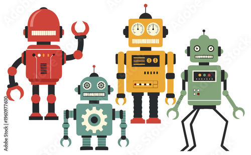 Collection of Colorful Retro Vintage Robot Vector Illustrations