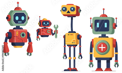 Collection of Colorful Vintage Style Toy Robot Character Vectors