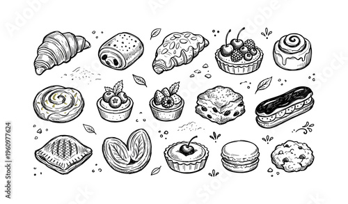 Hand-drawn assorted pastries and desserts illustration with croissants, cupcakes, and eclairs
