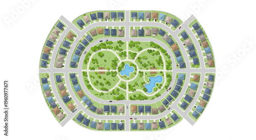 Top Down Aerial View of Modern Suburban Neighborhood Layout with Houses, Parks, and Ponds