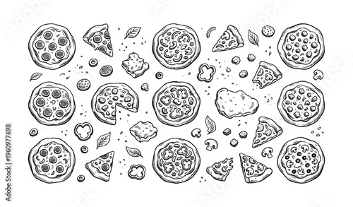 Hand-drawn pizza pattern with slices, whole pizzas, and toppings on white background