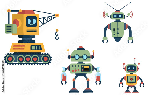 Cute Cartoon Robot Characters Set for Construction Science and Tech
