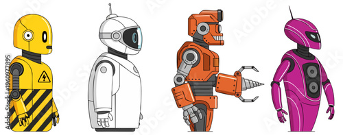 Collection of diverse cartoon robot characters in profile view
