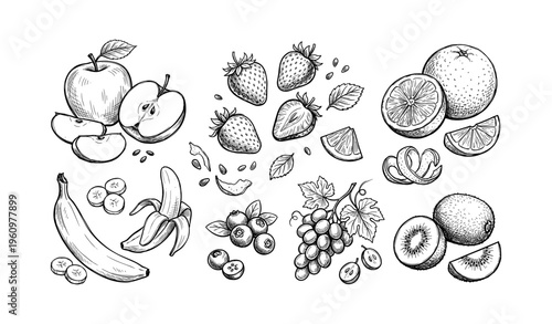 Hand-drawn black and white fruit collection with apple, banana, berries, orange, grapes, kiwi