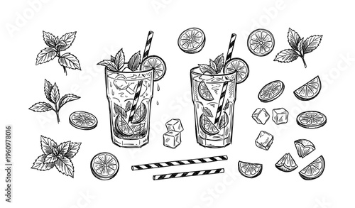 Hand-drawn mojito ingredients with glasses of lime and mint