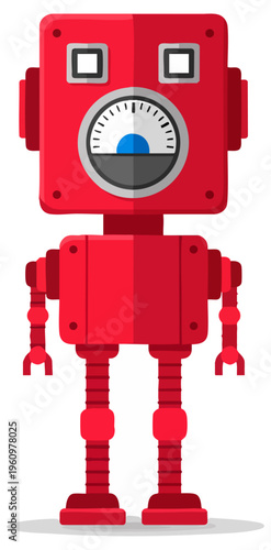 Red Retro Toy Robot Vector Illustration with Mechanical Gauge Face