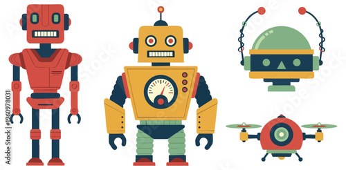Retro Vintage Robot Character Collection and Flying Technology Drone