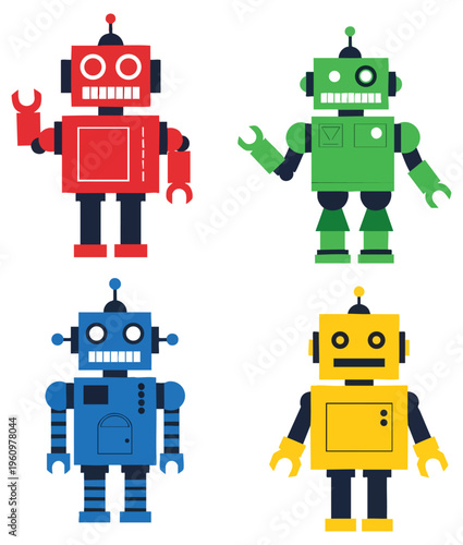 Four Vintage Style Mechanical Robots in Red Green Blue and Yellow