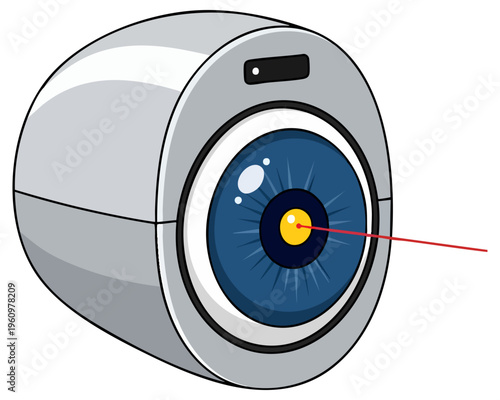 Sci-Fi Robot Surveillance Eye with Glowing Red Laser Beam