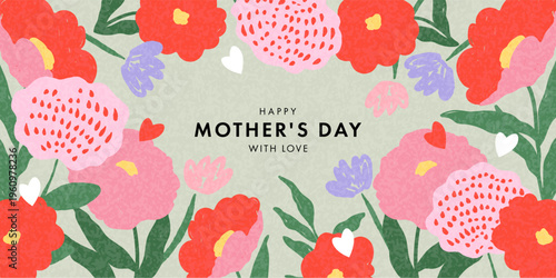 Mother's Day card. Trendy banner, poster, flyer, label or cover with flowers frame, abstract floral pattern in mid century art style. Spring summer bright abstract floral design template for ads promo