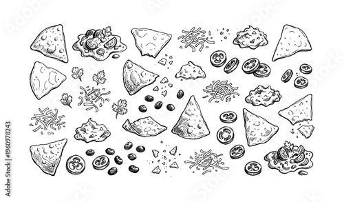 Black and white nachos ingredients sketch with tomatoes and salsa