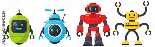 Set of Colorful Cartoon Robots and Friendly Artificial Intelligence Bots