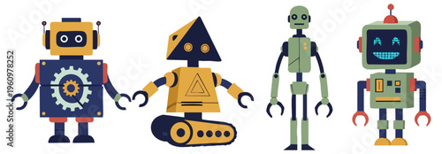 Retro Style Cartoon Robot Collection with Four Unique Machine Designs