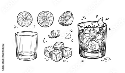 Hand-drawn citrus and ice sketch with glass elements